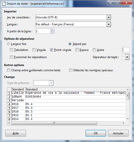 Importation LibreOffice Calc